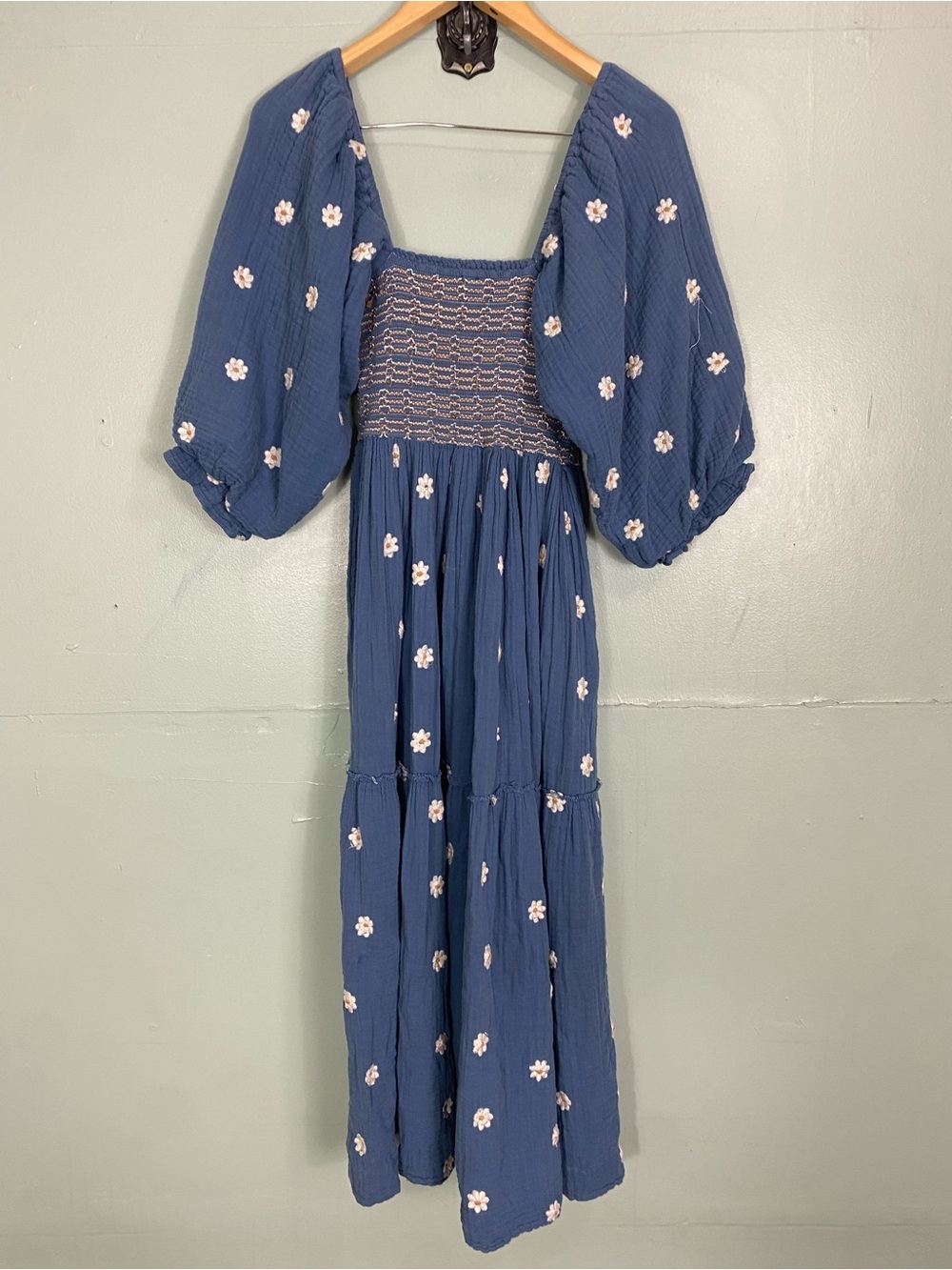Free People Dahlia Embroidered Smocked Maxi Dress Blue Floral Sundress Small - Picture 10 of 16